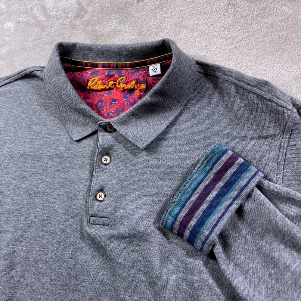 Robert Graham Polo Shirt Mens‎ 2XL Gray Long Sleeve Cotton Classic Fit Pique